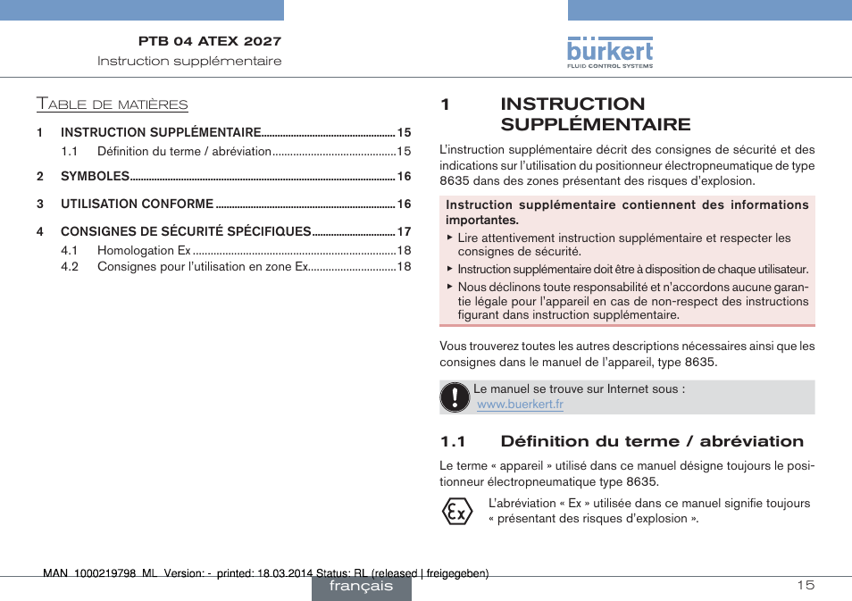 Français, 1instruction supplémentaire | Burkert Type 8635 User Manual | Page 15 / 22