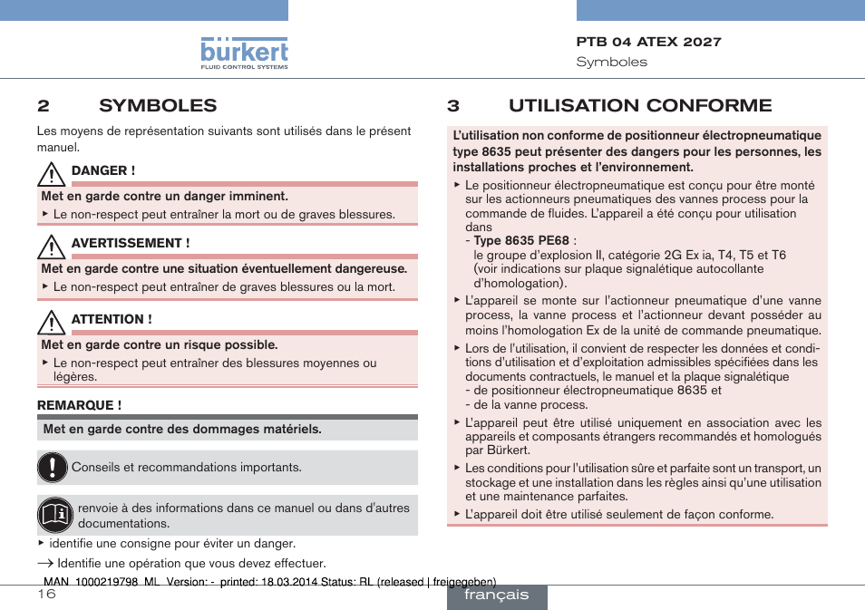 2 symboles, 3 utilisation conforme, 2symboles | 3utilisation conforme | Burkert Type 8635 User Manual | Page 16 / 22