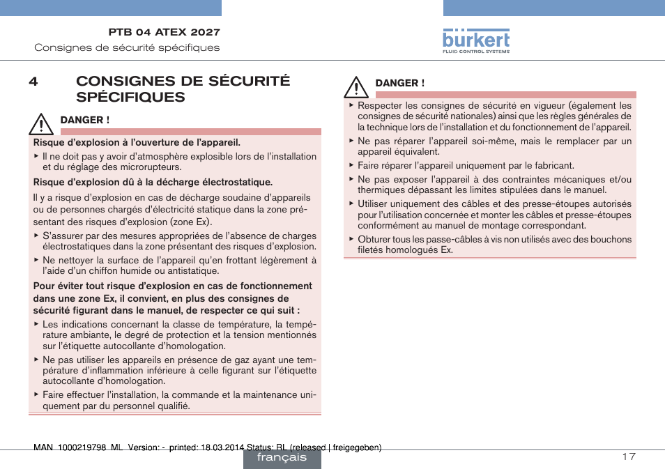 4 consignes de sécurité spécifiques, 4consignes de sécurité spécifiques | Burkert Type 8635 User Manual | Page 17 / 22