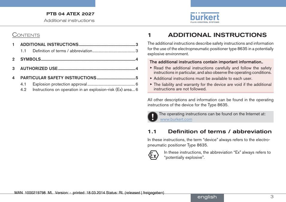 English, 1additional instructions | Burkert Type 8635 User Manual | Page 3 / 22