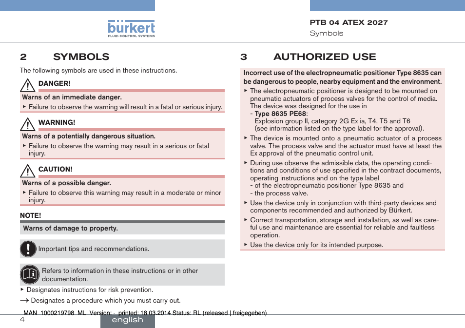 2 symbols, 3 authorized use, 2symbols | 3authorized use | Burkert Type 8635 User Manual | Page 4 / 22