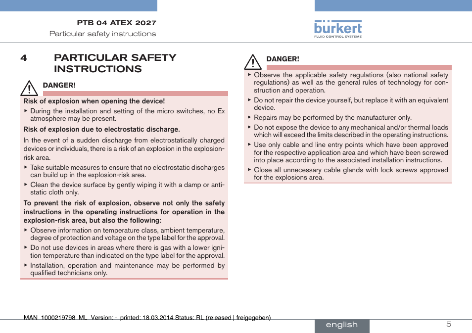 4 particular safety instructions, 4particular safety instructions | Burkert Type 8635 User Manual | Page 5 / 22