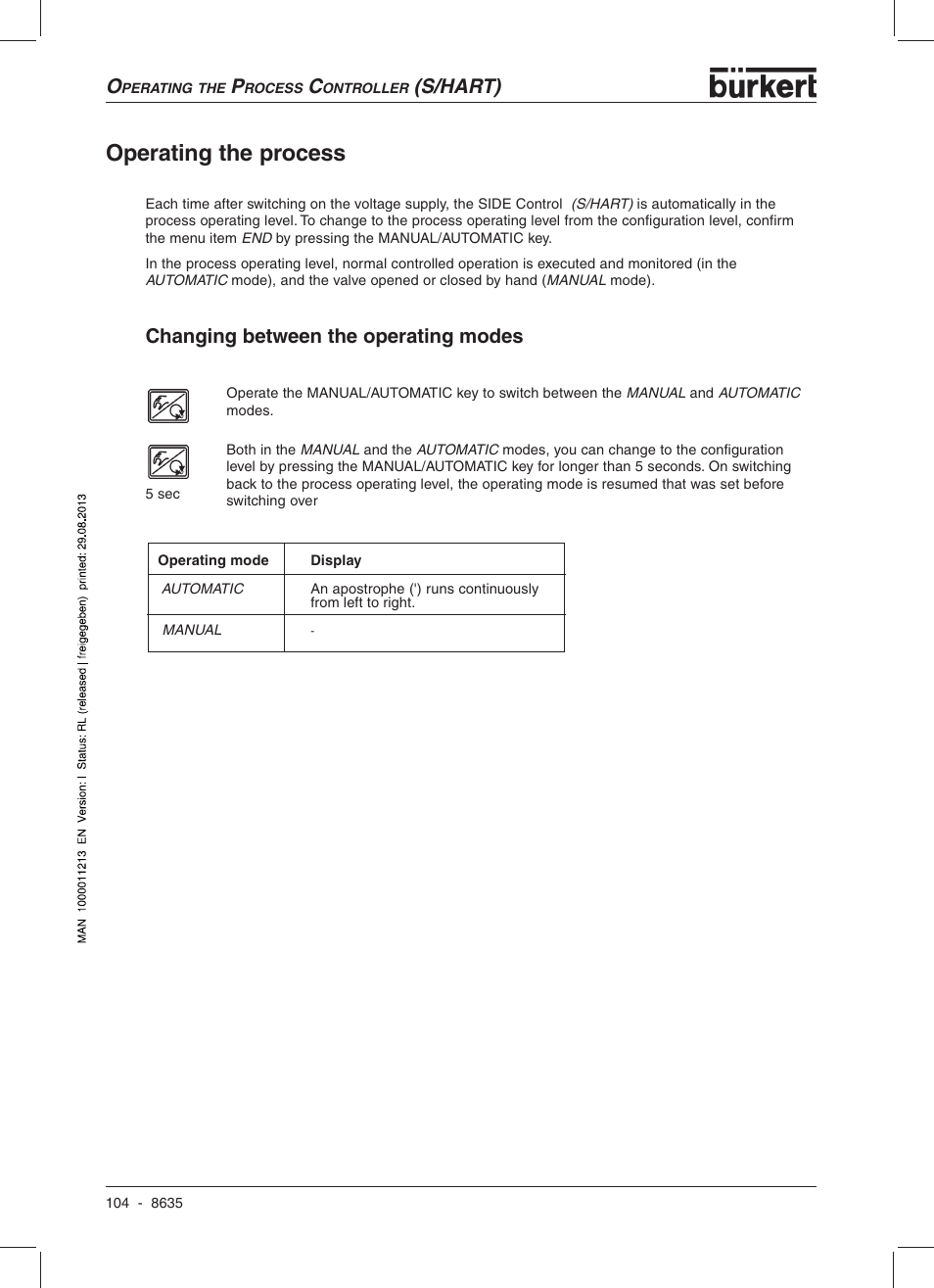 Operating the process, S/hart), Changing between the operating modes | Burkert Type 8635 User Manual | Page 106 / 190