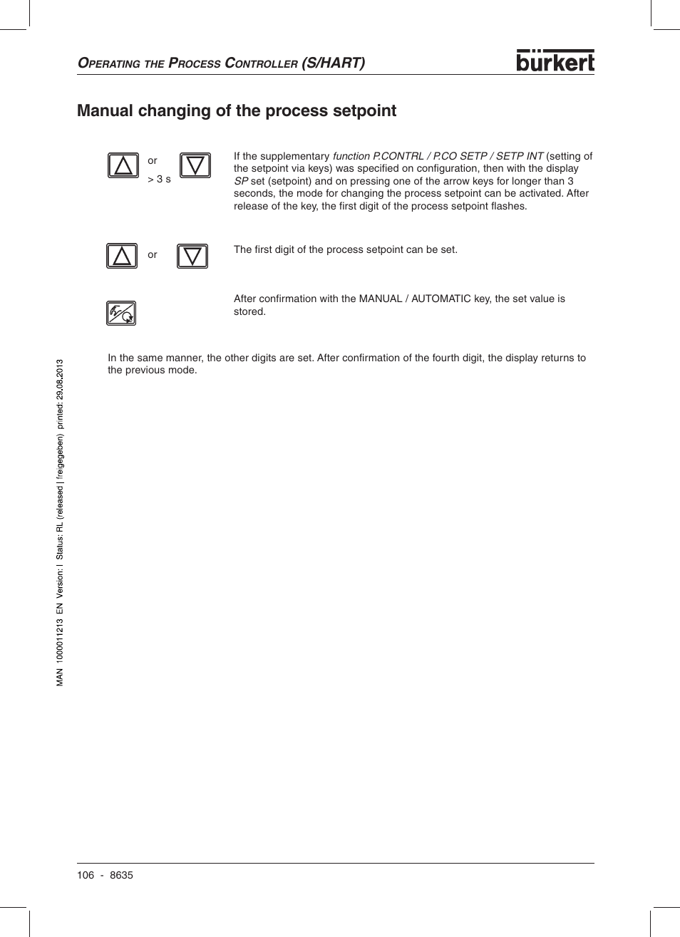 Manual changing of the process setpoint, S/hart) | Burkert Type 8635 User Manual | Page 108 / 190