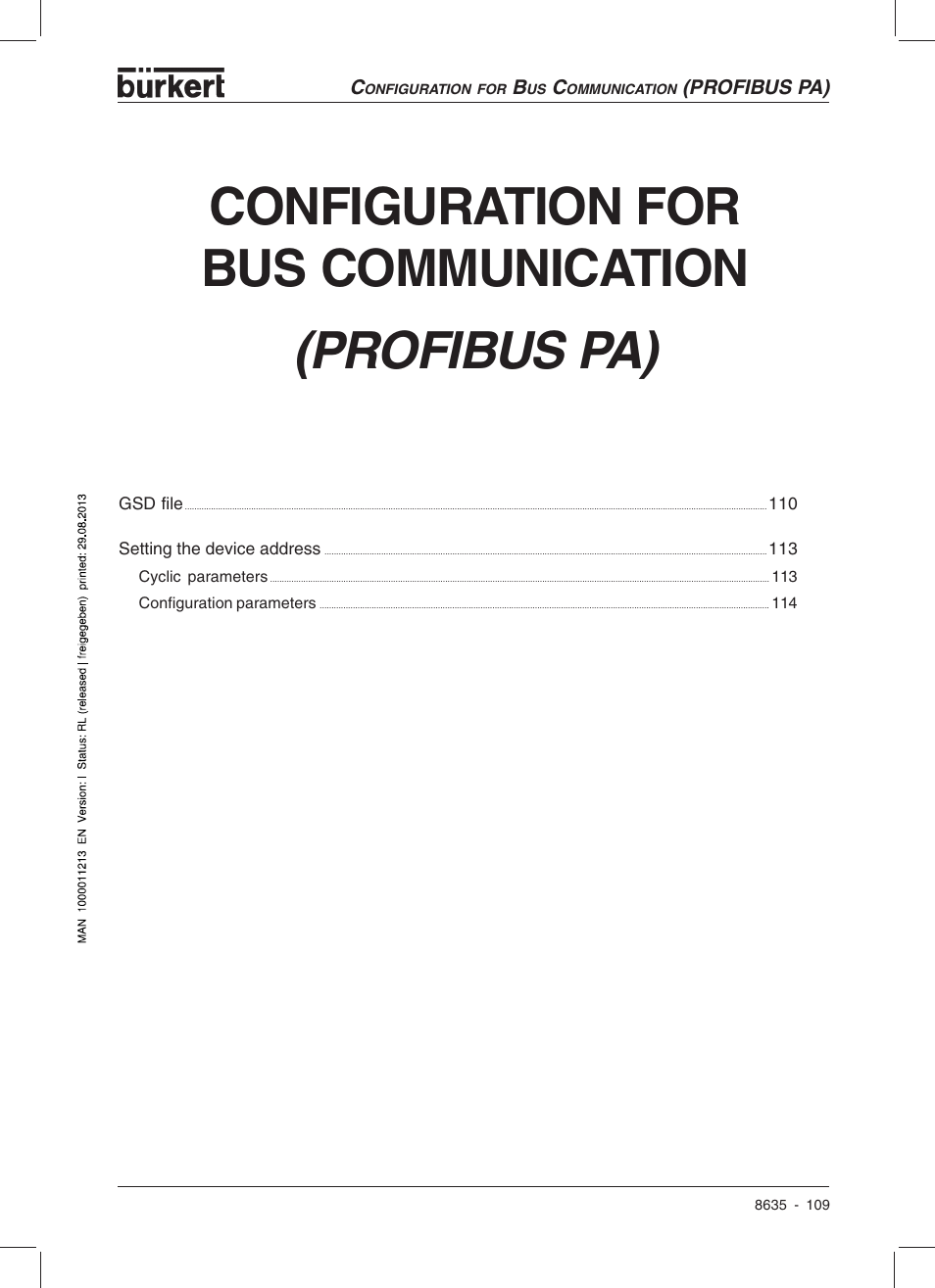 Configuration for bus communication, Profibus pa) | Burkert Type 8635 User Manual | Page 111 / 190