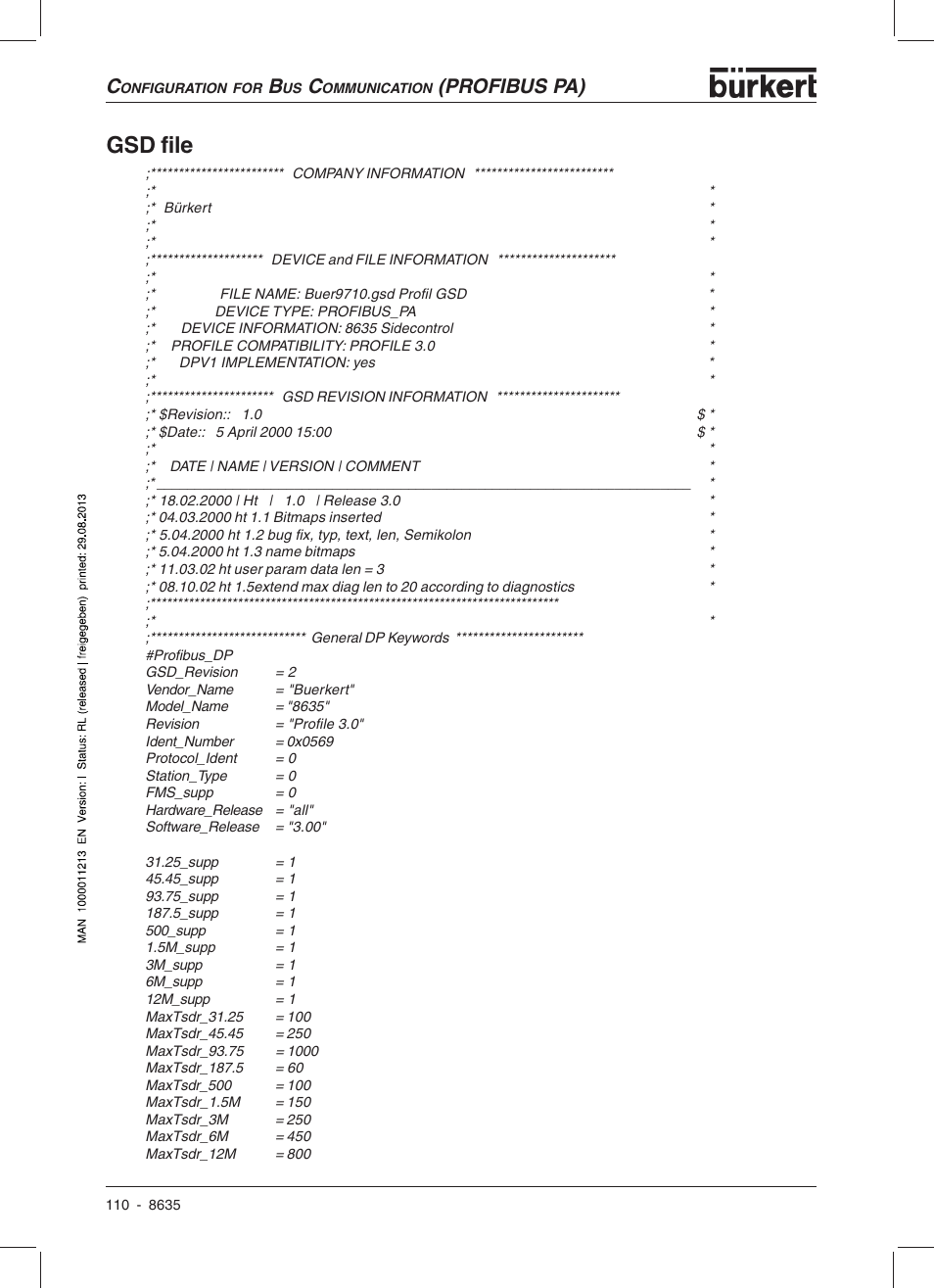 Gsd file, Profibus pa) | Burkert Type 8635 User Manual | Page 112 / 190