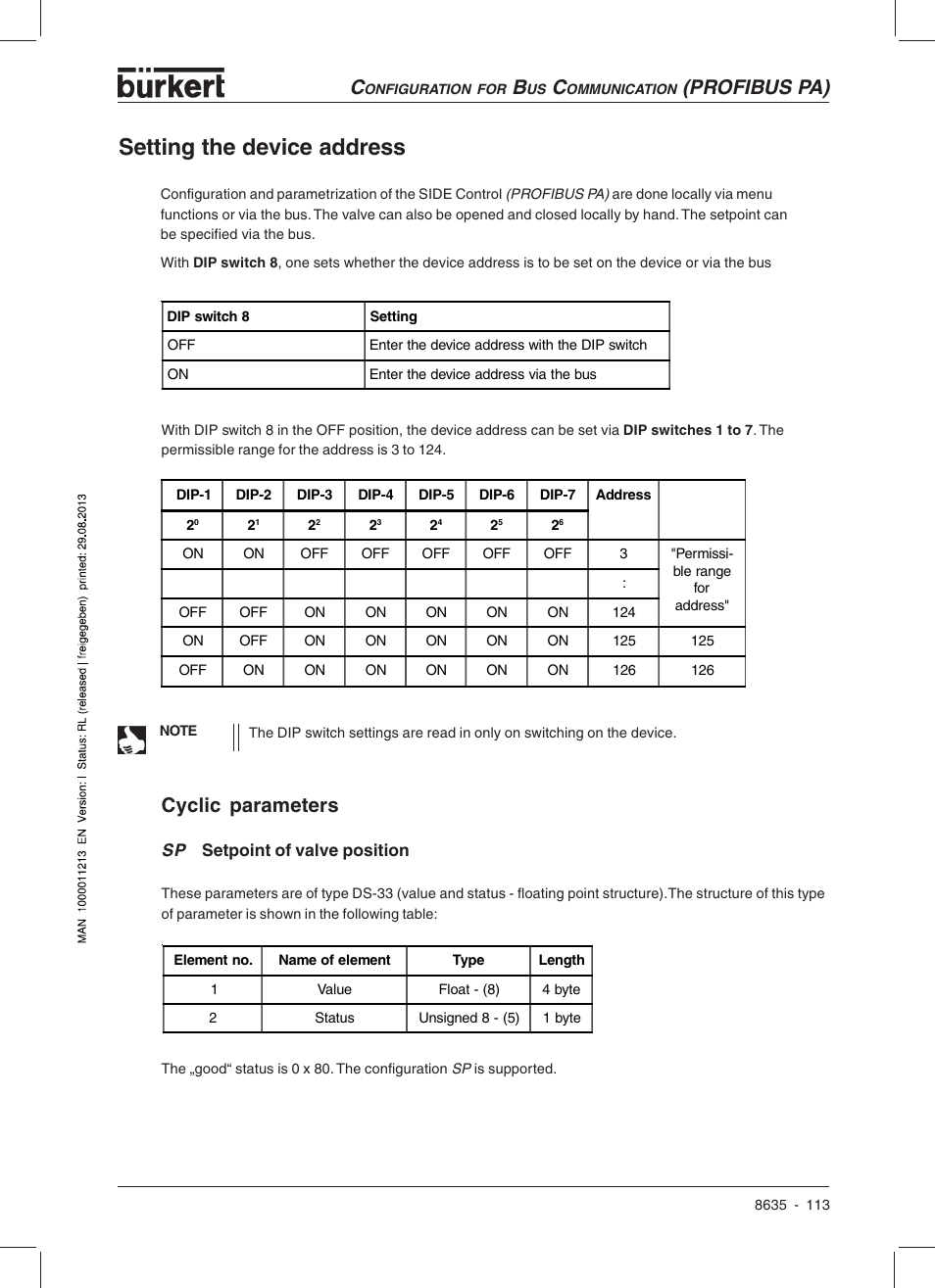 Setting the device address, Profibus pa), Cyclic parameters | Burkert Type 8635 User Manual | Page 115 / 190