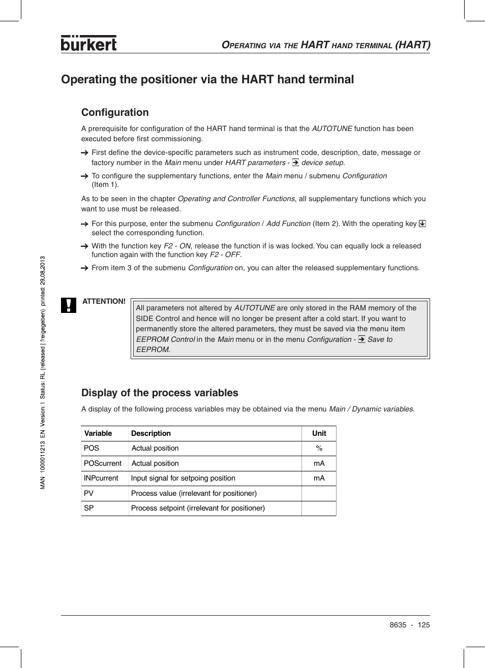 Hart, Hart) configuration, Display of the process variables | Burkert Type 8635 User Manual | Page 127 / 190