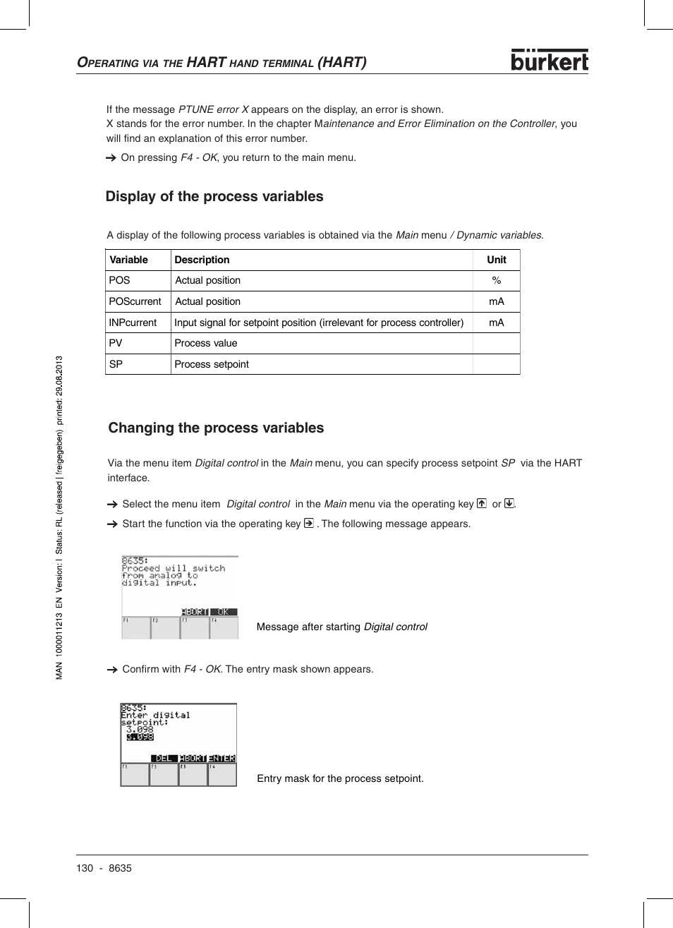 Hart, Hart), Display of the process variables | Changing the process variables | Burkert Type 8635 User Manual | Page 132 / 190