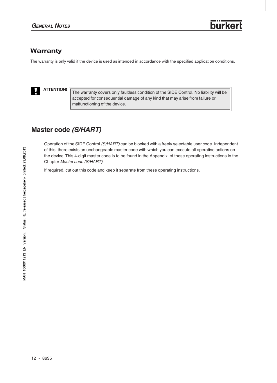 Warranty conditions, Master code (s/hart), Warranty | Burkert Type 8635 User Manual | Page 14 / 190