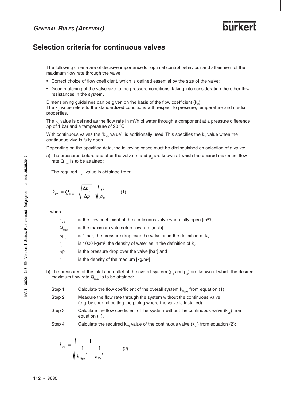 Selection criteria for continuous valves, Kq p p | Burkert Type 8635 User Manual | Page 144 / 190