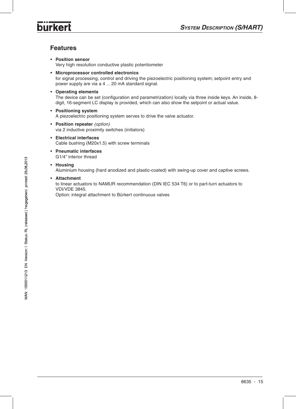 S/hart), Features | Burkert Type 8635 User Manual | Page 17 / 190