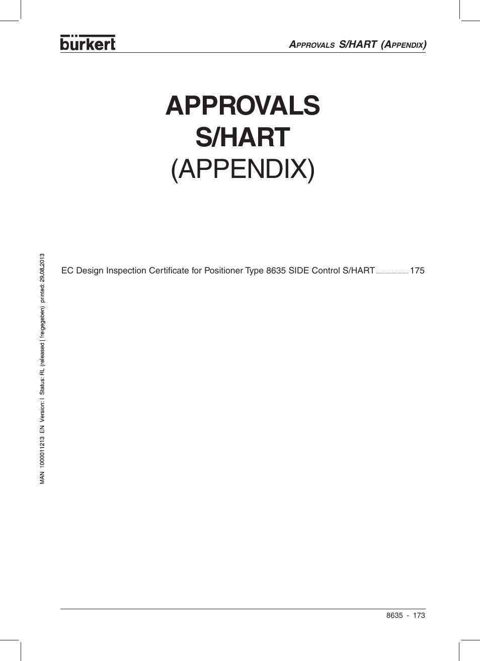 Approvals  s/hart  (appendix) | Burkert Type 8635 User Manual | Page 173 / 190
