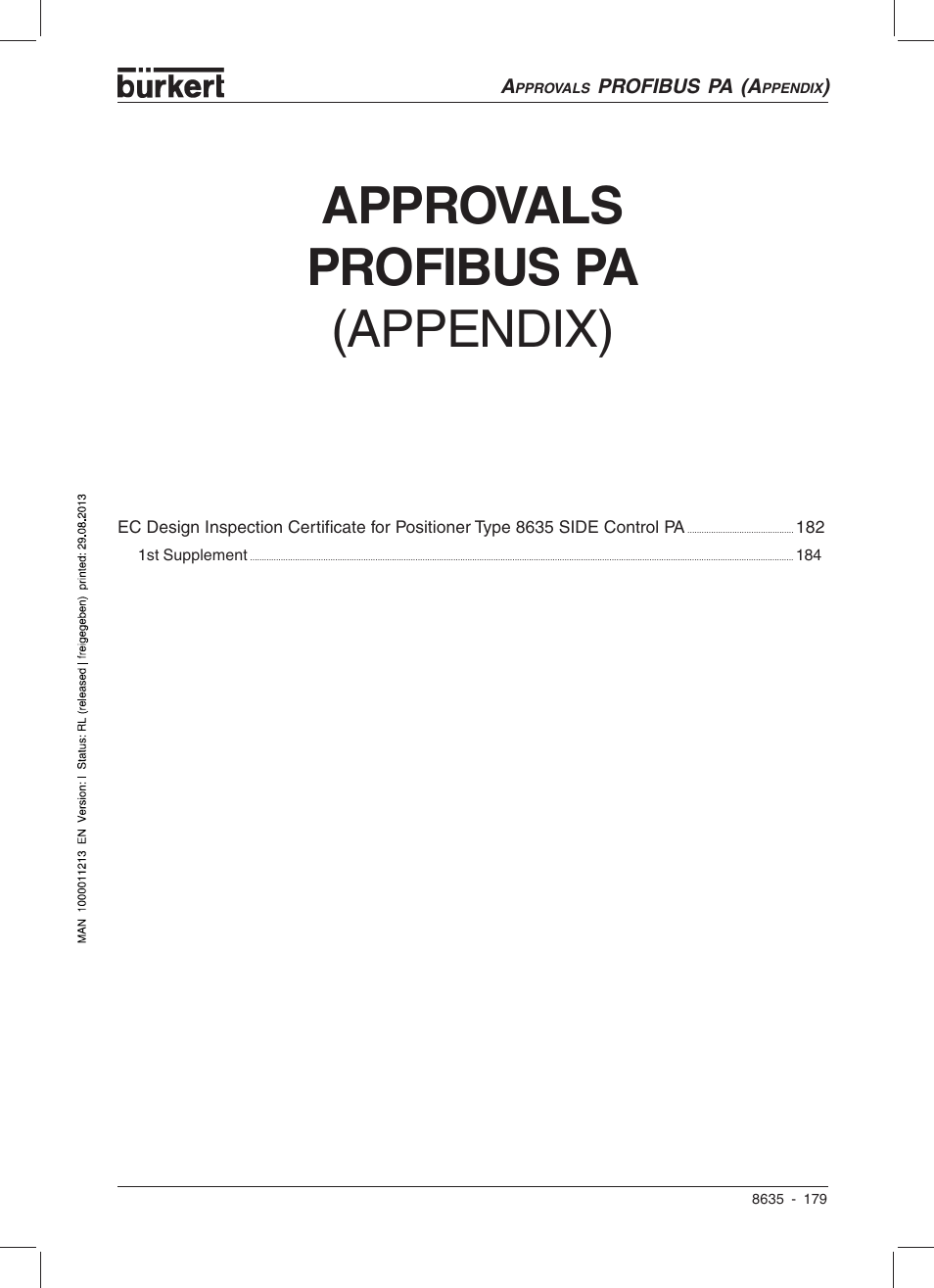 Approvals  profibus pa, Appendix) | Burkert Type 8635 User Manual | Page 178 / 190