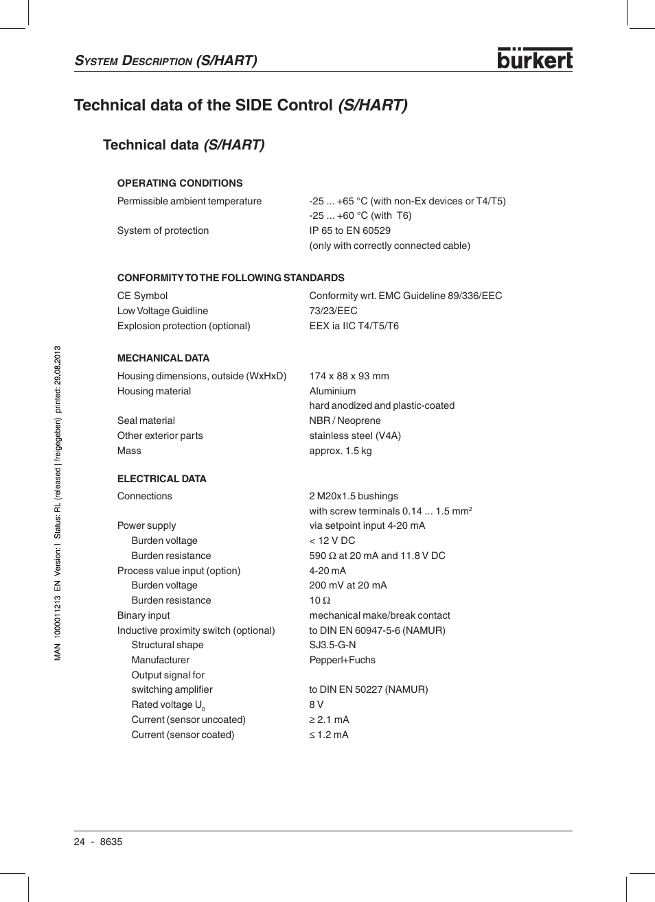 Technical data of the side control (s/hart), S/hart), Technical data (s/hart) | Burkert Type 8635 User Manual | Page 26 / 190