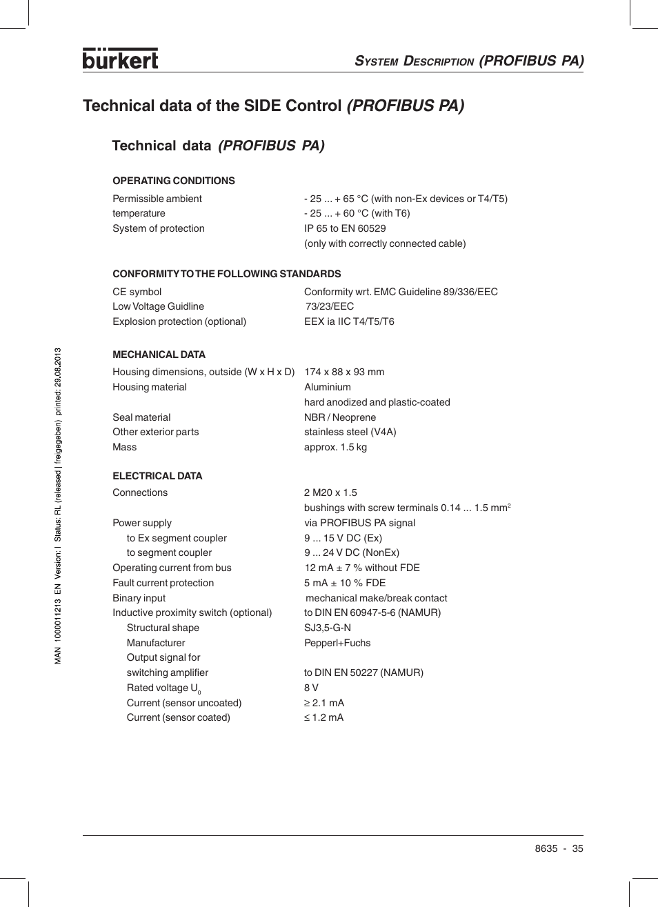 Technical data of the side control (profibus pa), Profibus pa), Technical data (profibus pa) | Burkert Type 8635 User Manual | Page 37 / 190