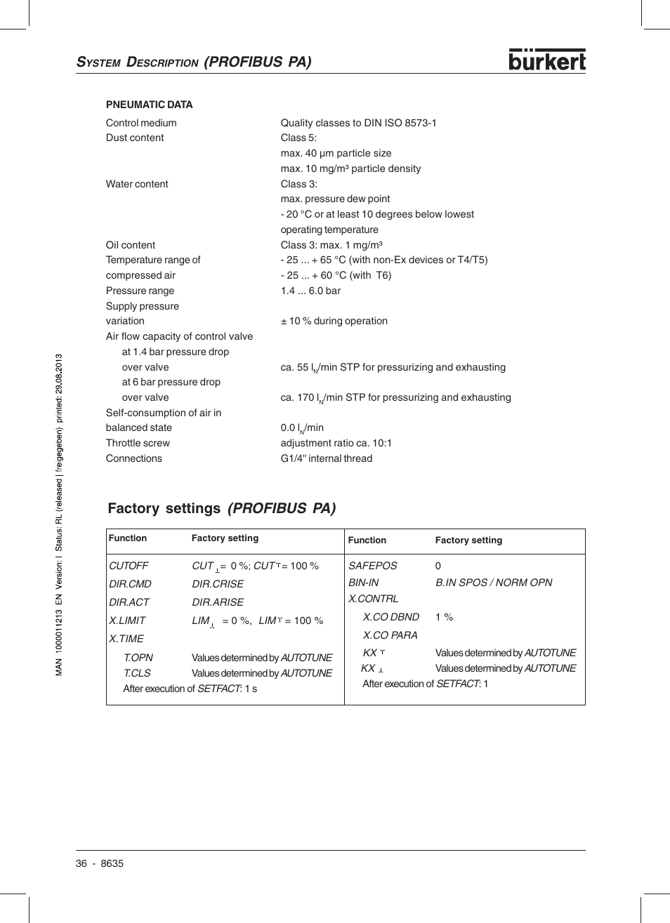 Profibus pa), Factory settings (profibus pa) | Burkert Type 8635 User Manual | Page 38 / 190