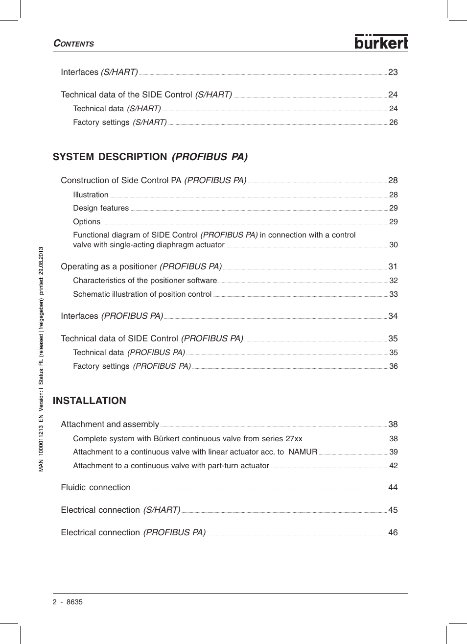 System description (profibus pa), Installation | Burkert Type 8635 User Manual | Page 4 / 190