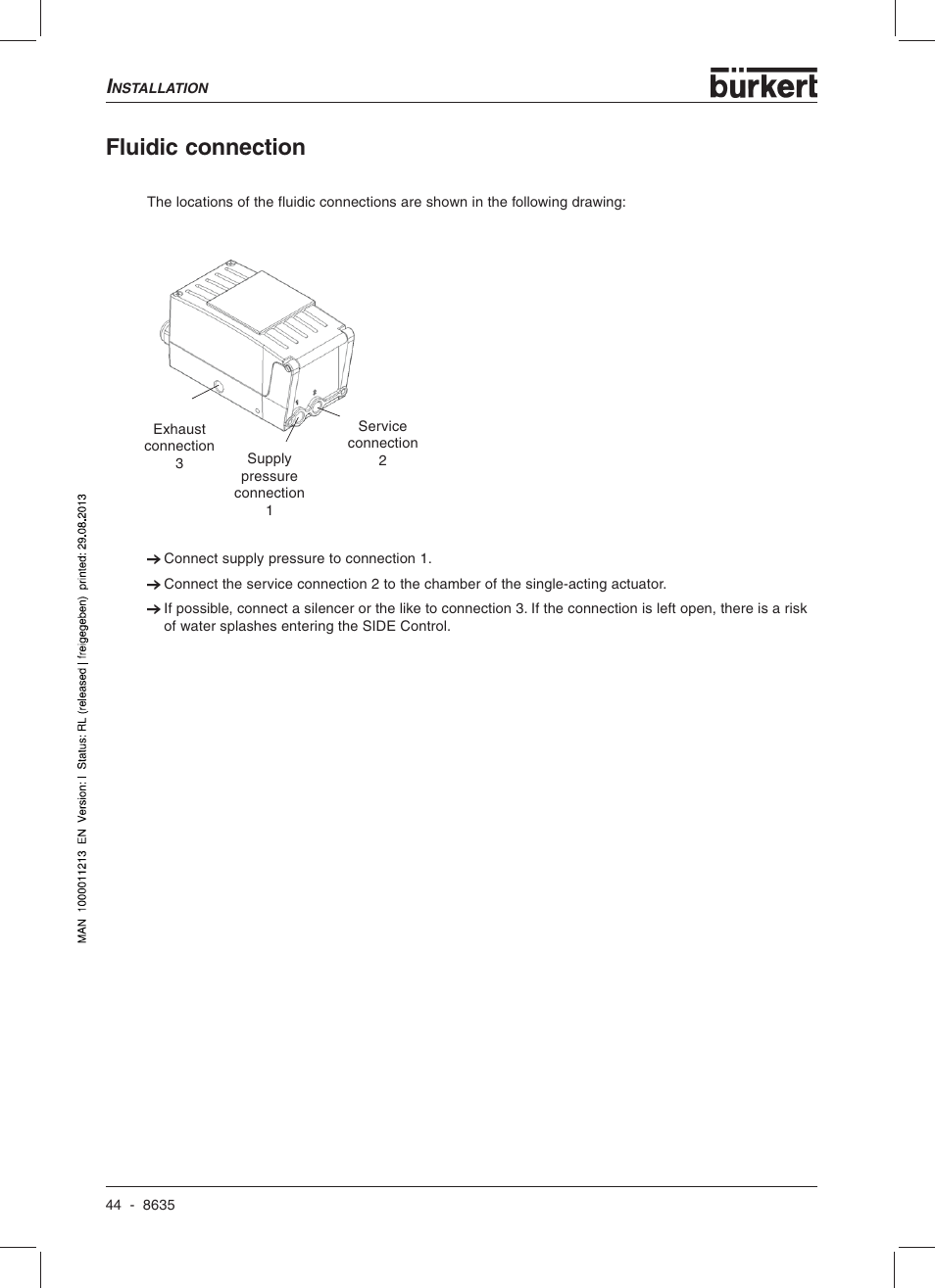 Fluidic connection | Burkert Type 8635 User Manual | Page 46 / 190