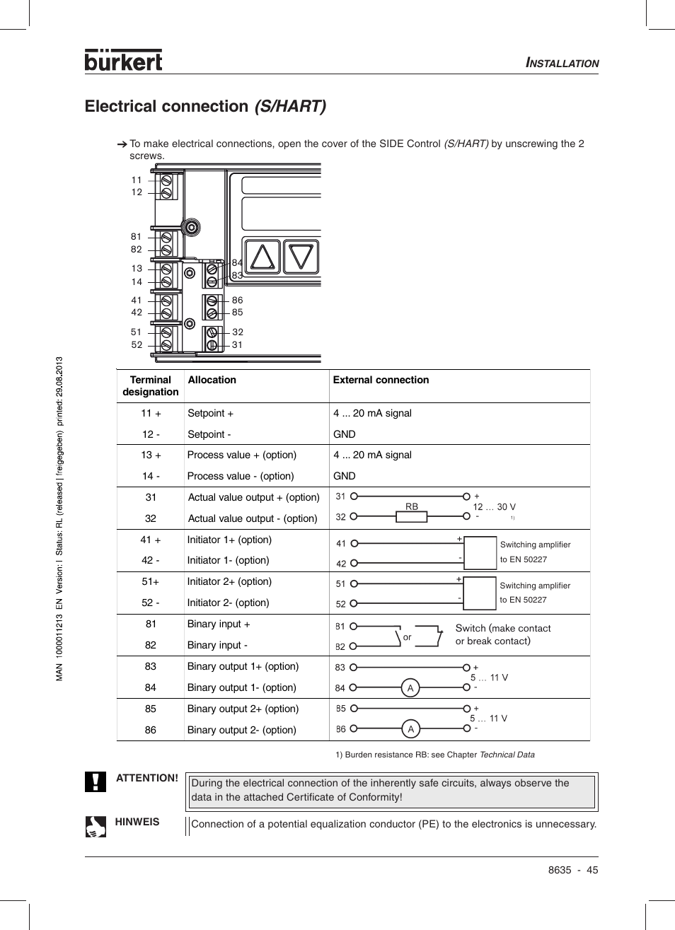 Electrical connection (s/hart) | Burkert Type 8635 User Manual | Page 47 / 190