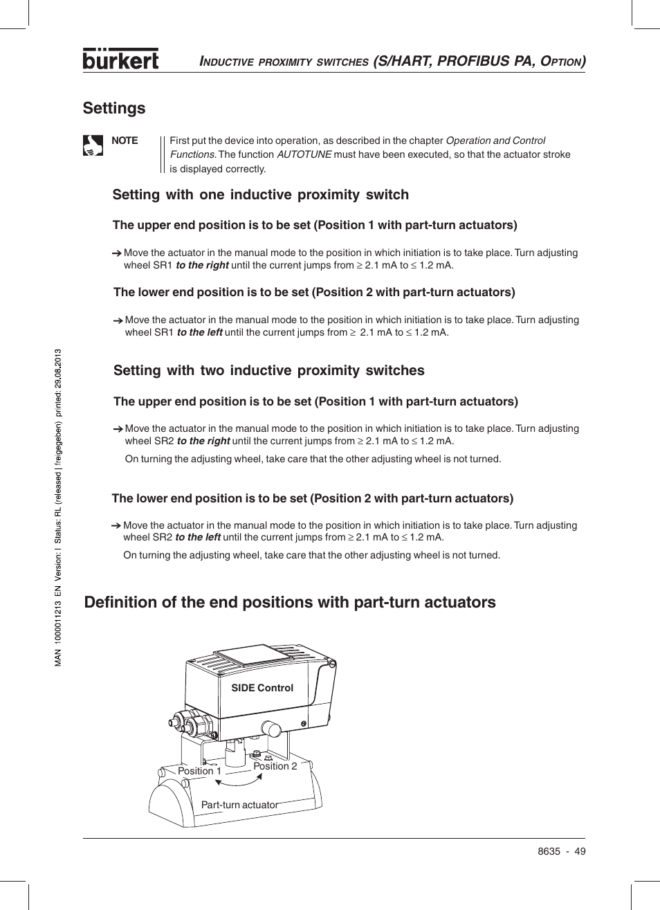 S/hart, profibus pa, o, Setting with one inductive proximity switch, Setting with two inductive proximity switches | Burkert Type 8635 User Manual | Page 51 / 190