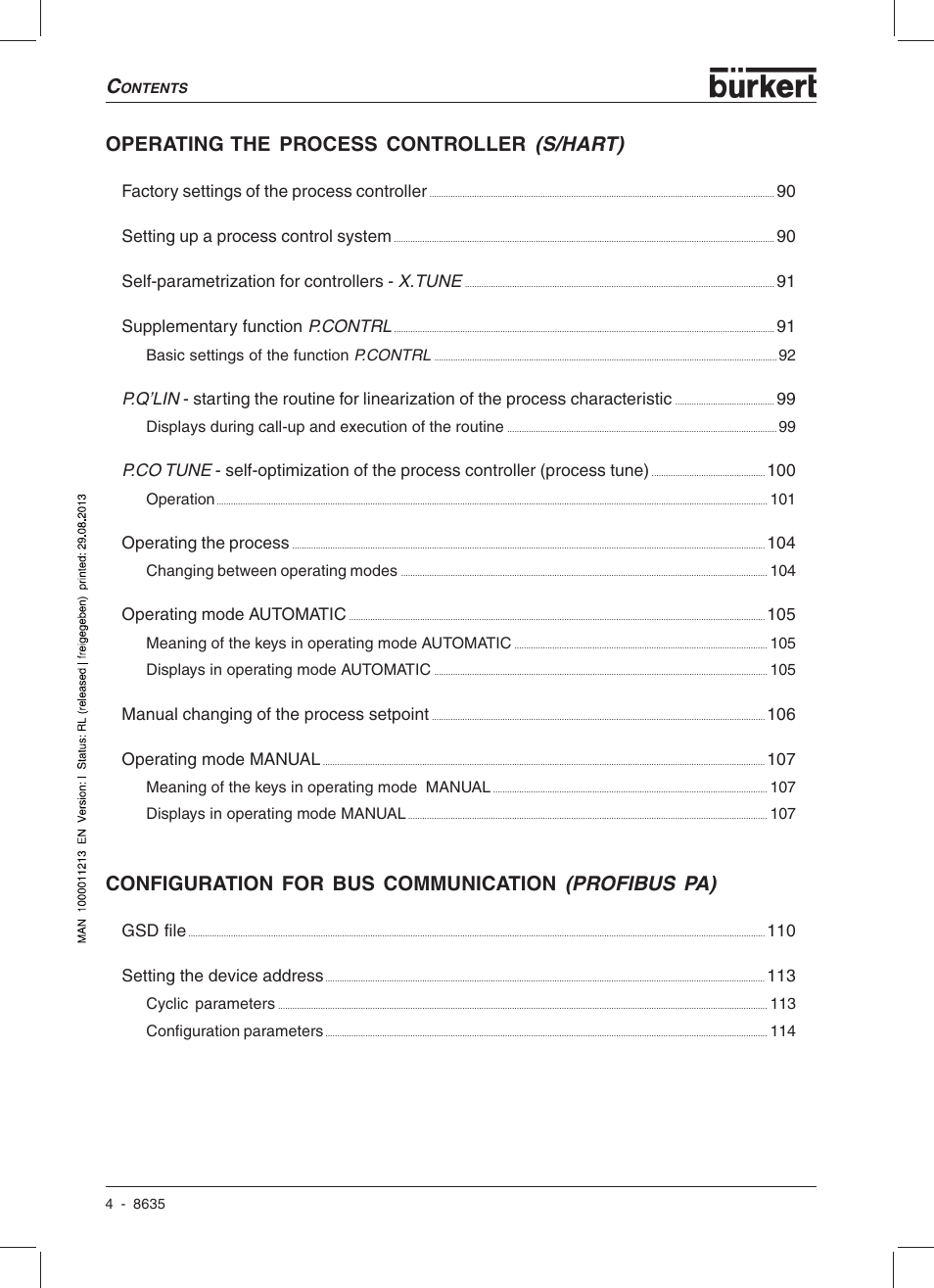 Operating the process controller (s/hart), Configuration for bus communication (profibus pa) | Burkert Type 8635 User Manual | Page 6 / 190