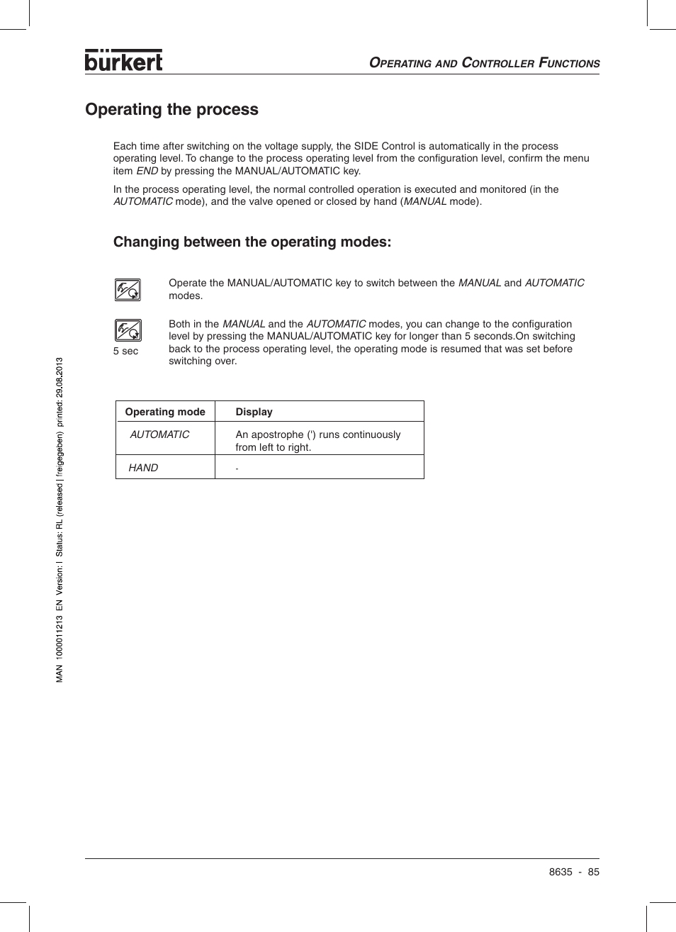 Operating the process, Changing between the operating modes | Burkert Type 8635 User Manual | Page 87 / 190