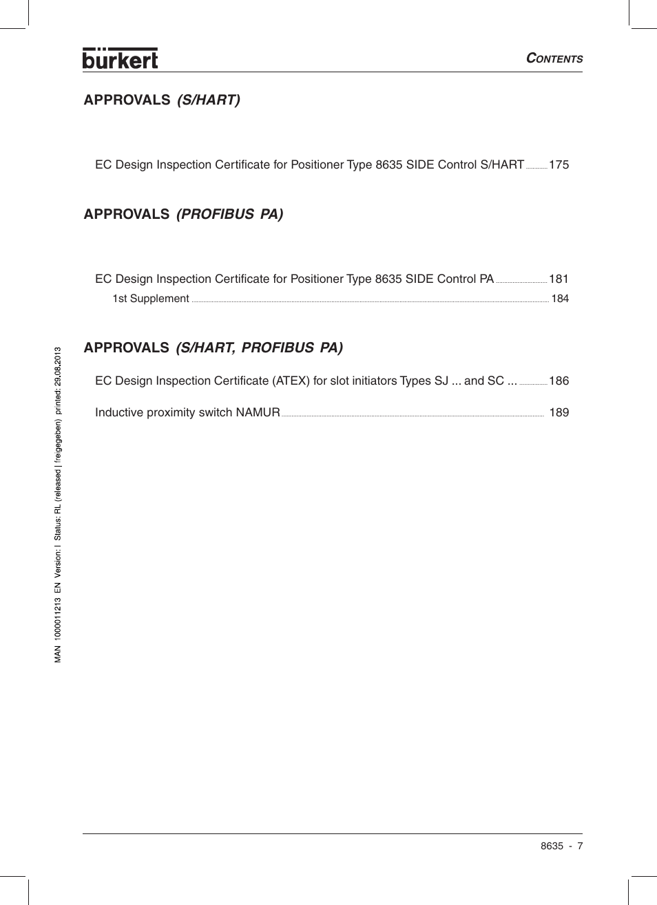 Approvals (s/hart), Approvals (profibus pa), Approvals (s/hart, profibus pa) | Burkert Type 8635 User Manual | Page 9 / 190