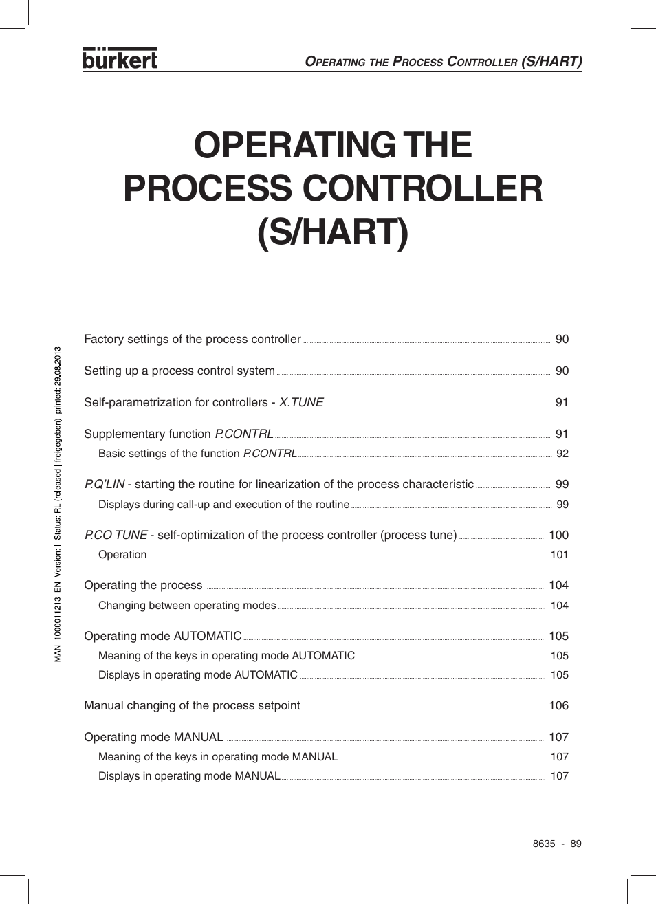 Operating the process controller (s/hart), S/hart) | Burkert Type 8635 User Manual | Page 91 / 190