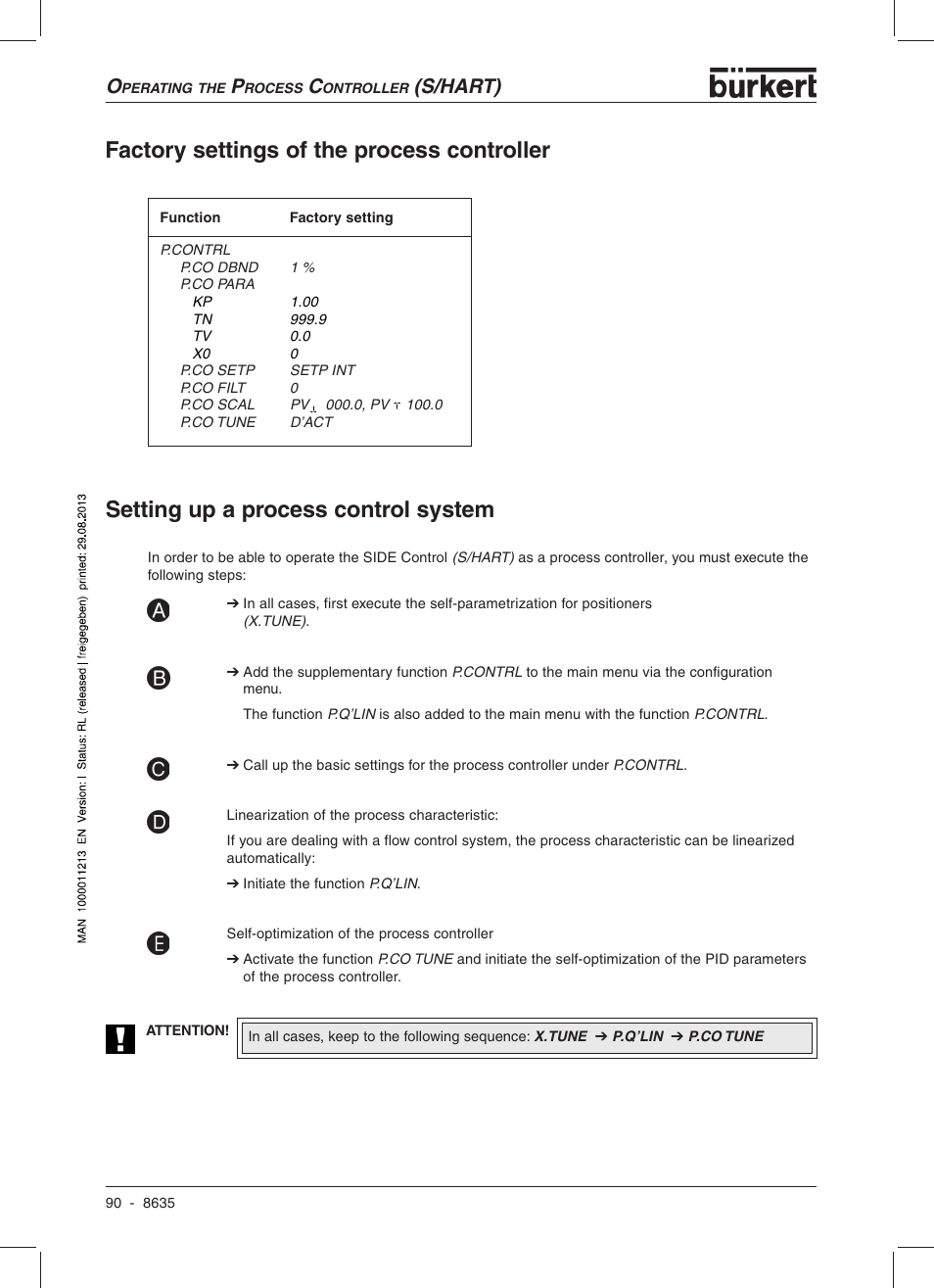 Factory settings of the process controller, Setting up a process control system, S/hart) | Burkert Type 8635 User Manual | Page 92 / 190