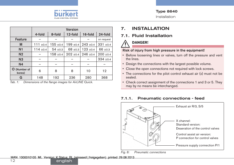 Installation, Fluid installation | Burkert Type 8640 User Manual | Page 12 / 55