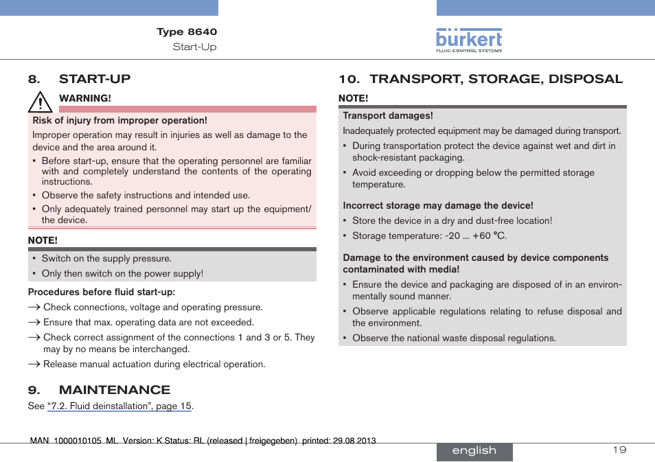 Start-up, Maintenance, Transport, storage, disposal | Burkert Type 8640 User Manual | Page 19 / 55