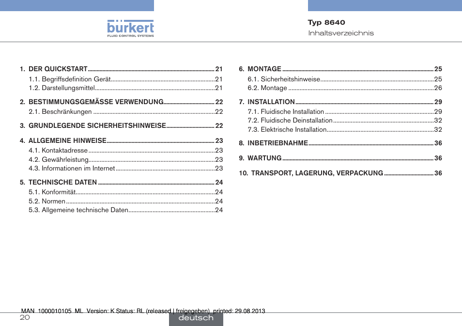 Deutsch | Burkert Type 8640 User Manual | Page 20 / 55