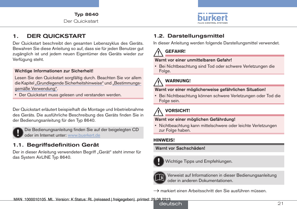 Der quickstart, Begriffsdefinition gerät 1.2. darstellungsmittel | Burkert Type 8640 User Manual | Page 21 / 55
