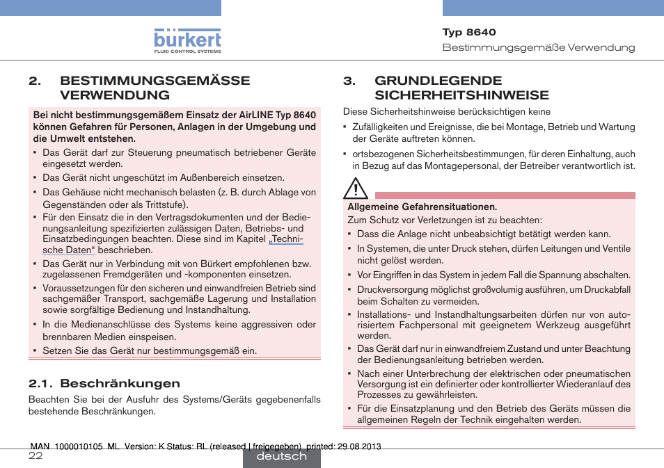 Bestimmungsgemässe verwendung, Beschränkungen, Grundlegende sicherheitshinweise | Burkert Type 8640 User Manual | Page 22 / 55