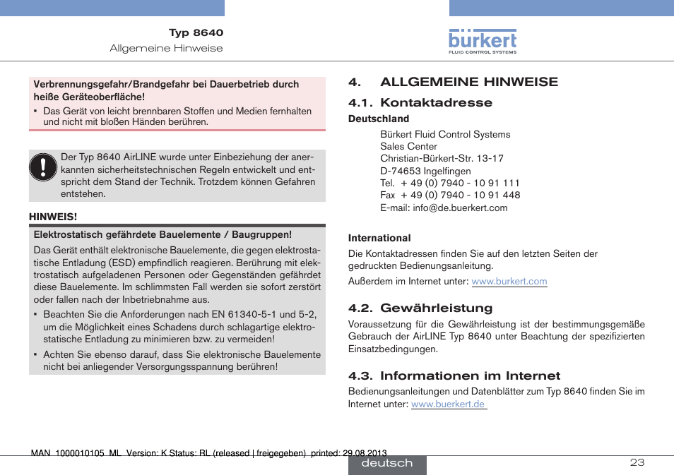 Allgemeine hinweise | Burkert Type 8640 User Manual | Page 23 / 55