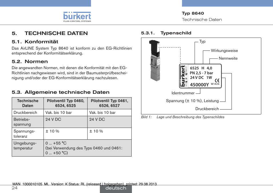 Technische daten | Burkert Type 8640 User Manual | Page 24 / 55
