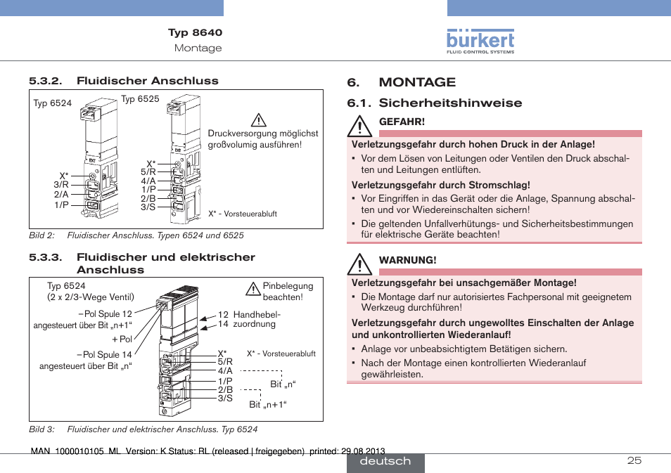 Montage, Sicherheitshinweise | Burkert Type 8640 User Manual | Page 25 / 55