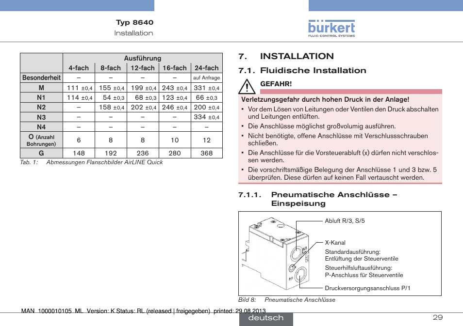 Installation, Fluidische installation | Burkert Type 8640 User Manual | Page 29 / 55