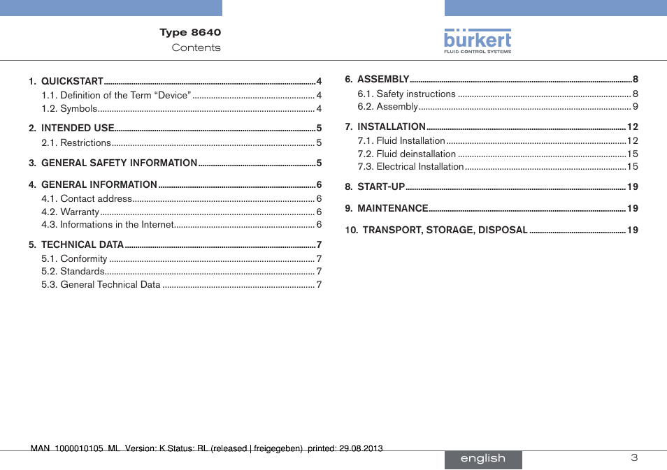 English | Burkert Type 8640 User Manual | Page 3 / 55