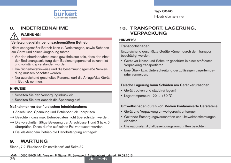 Inbetriebnahme, Wartung, Transport, lagerung, verpackung | Burkert Type 8640 User Manual | Page 36 / 55