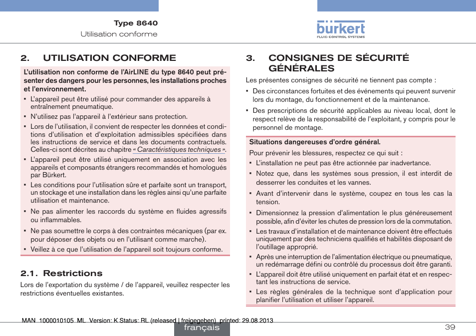 Utilisation conforme, Restrictions, Consignes de sécurité générales | Burkert Type 8640 User Manual | Page 39 / 55