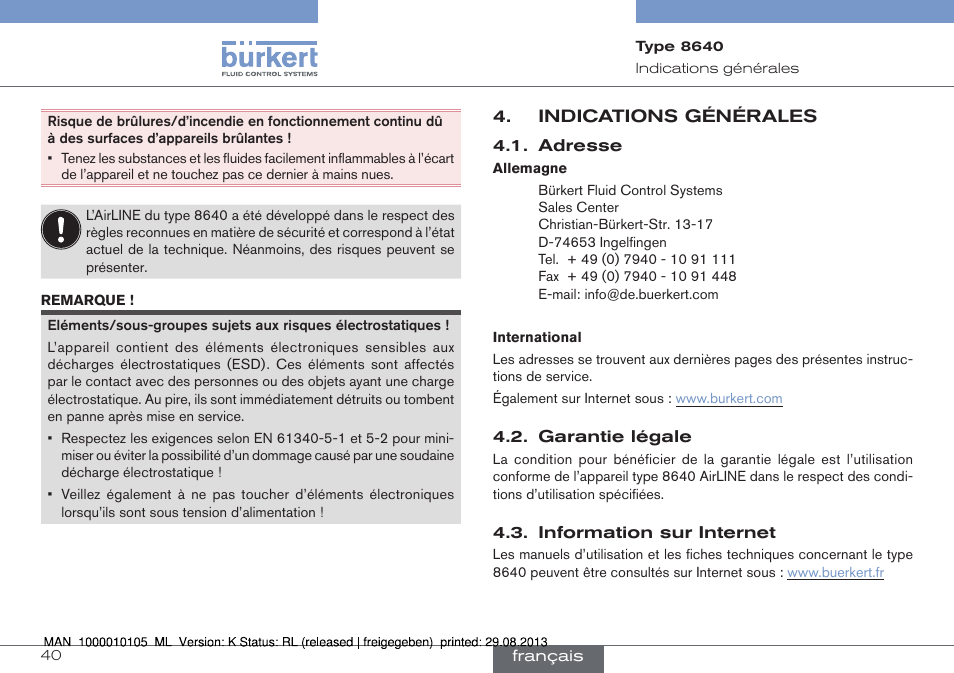 Indications générales | Burkert Type 8640 User Manual | Page 40 / 55