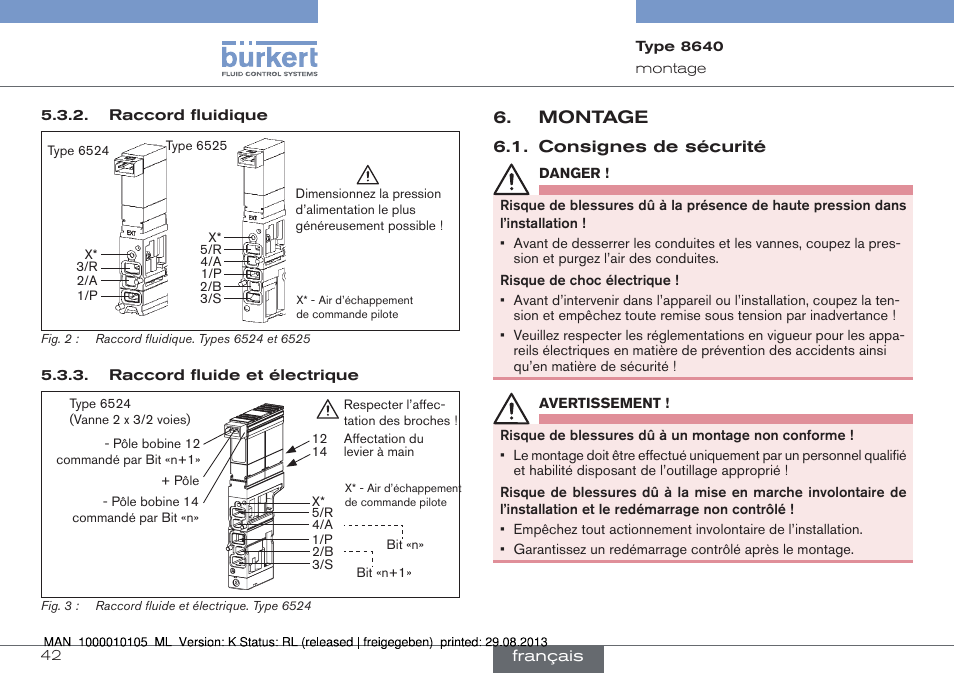 Montage, Consignes de sécurité | Burkert Type 8640 User Manual | Page 42 / 55