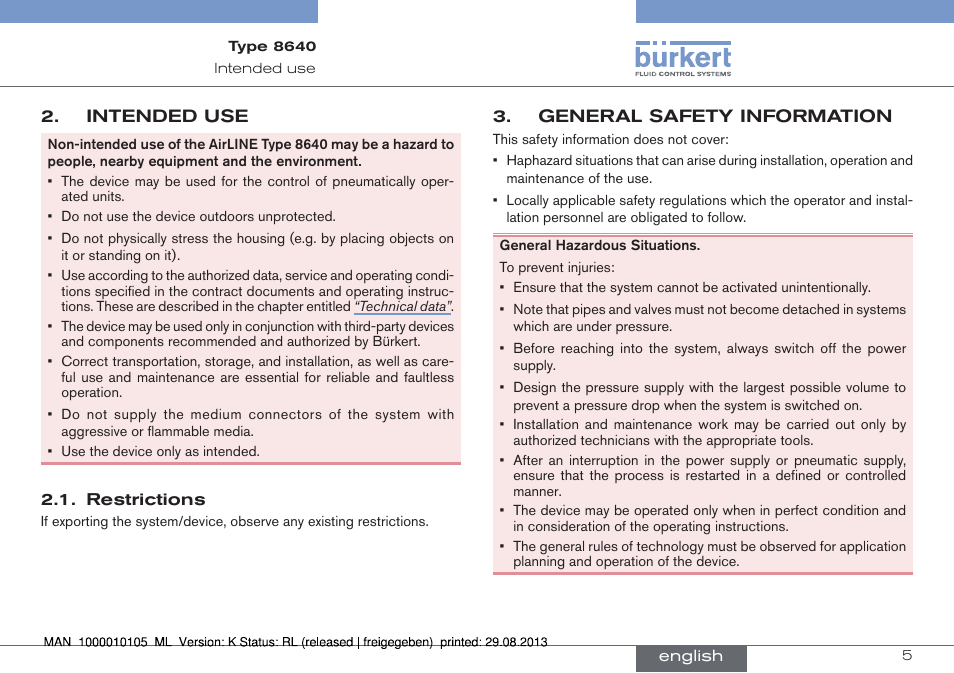 Intended use, Restrictions, General safety information | Burkert Type 8640 User Manual | Page 5 / 55