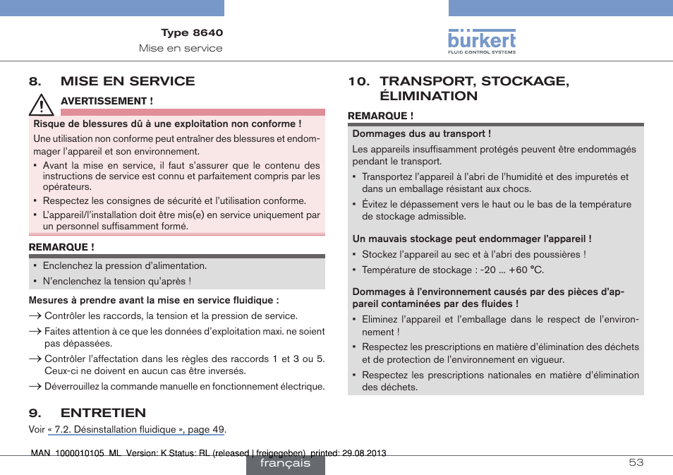 Mise en service, Entretien, Transport, stockage, élimination | Burkert Type 8640 User Manual | Page 53 / 55