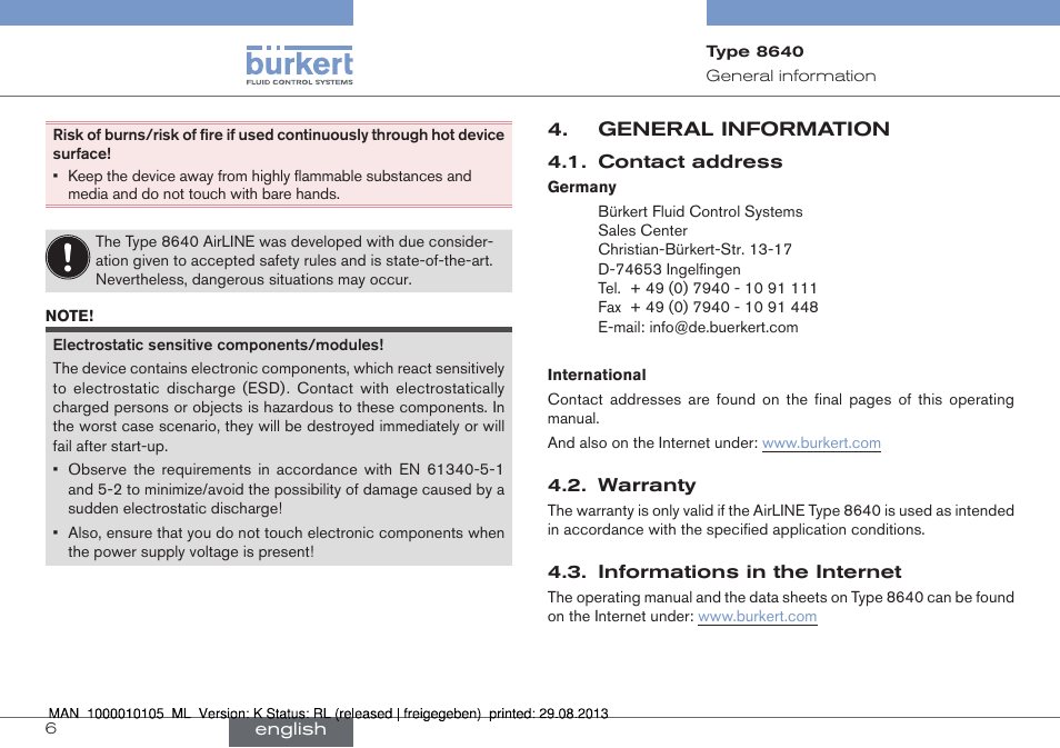 General information | Burkert Type 8640 User Manual | Page 6 / 55
