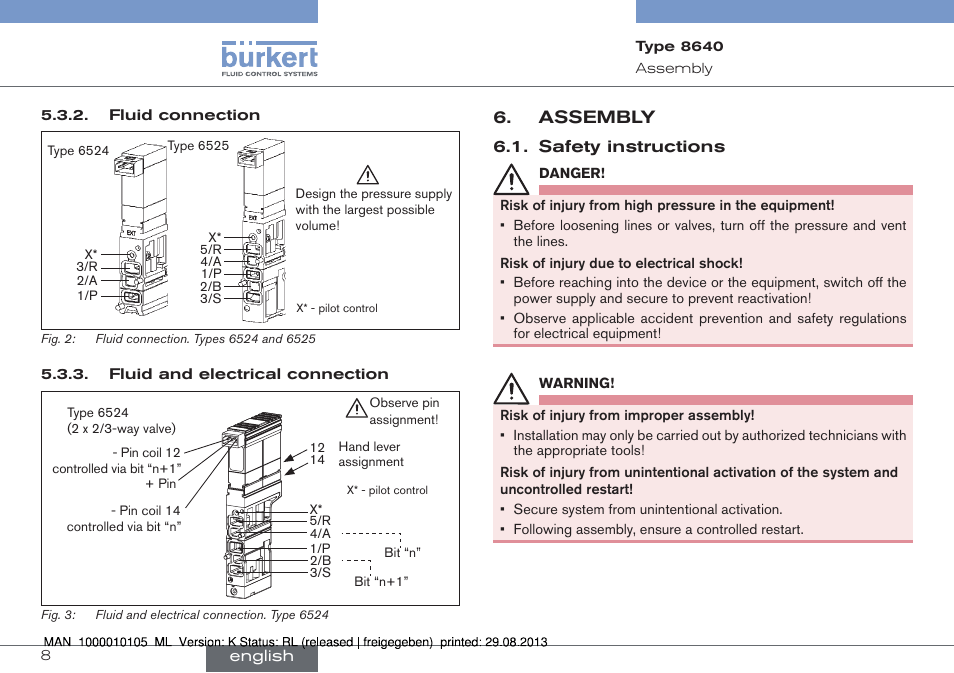 Assembly, Safety instructions | Burkert Type 8640 User Manual | Page 8 / 55