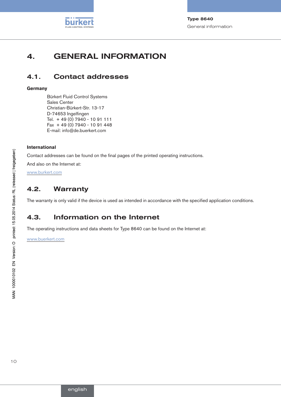 General information, Contact addresses, Warranty | Information on the internet | Burkert Type 8640 User Manual | Page 10 / 119