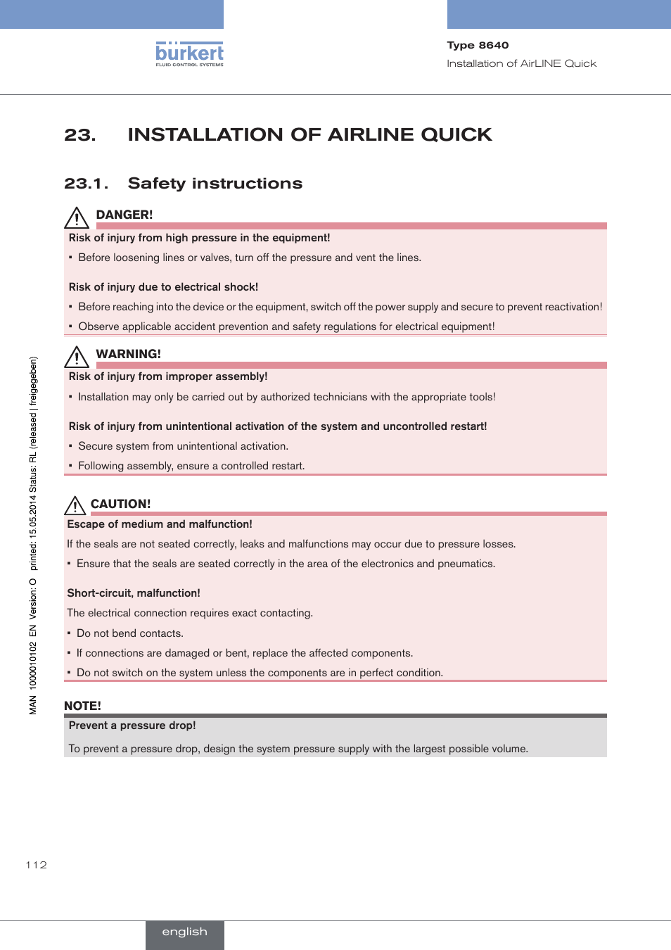 Installation of airline quick, Safety instructions | Burkert Type 8640 User Manual | Page 112 / 119